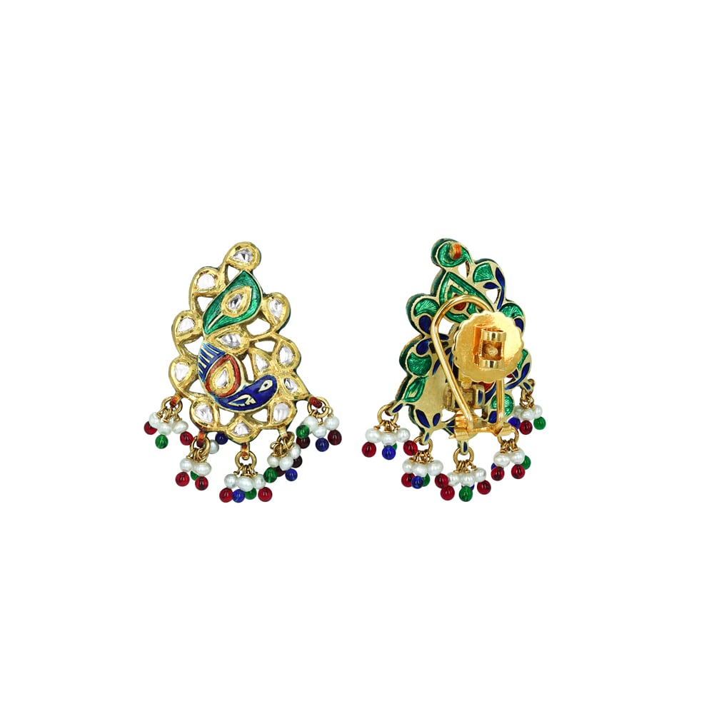 Polki Earrings with Peacock Enamel and Multicolour Beads